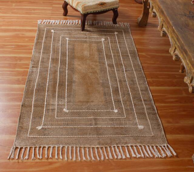 Hand Block Printed Cotton Rug Brown Boho Area Rug With Tassels - image 1