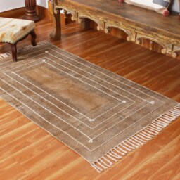 Hand Block Printed Cotton Rug Brown Boho Area Rug With Tassels - thumbnail 3