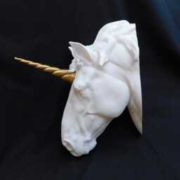 Unicorn Head Wall Art, 3D Printed Decor, Magical Sculpture, White With Gold Horn - thumbnail 3