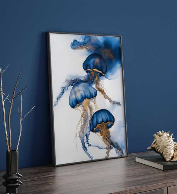 Blue & Gold Jellyfish Artwork - Elegant Ocean-Inspired Print Perfect For Bedroom Decor - image 1
