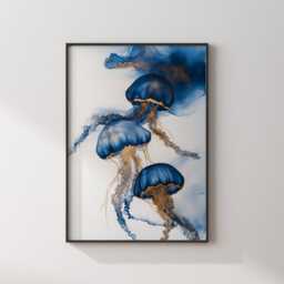 Blue & Gold Jellyfish Artwork - Elegant Ocean-Inspired Print Perfect For Bedroom Decor - thumbnail 3