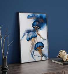 Blue & Gold Jellyfish Artwork - Elegant Ocean-Inspired Print Perfect For Bedroom Decor - thumbnail 1