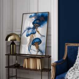 Blue & Gold Jellyfish Artwork - Elegant Ocean-Inspired Print Perfect For Bedroom Decor - thumbnail 2