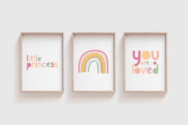 3 Girls Nursery Prints, You Are So Loved, Rainbow Wall Art, Bedroom Princess Muted Colours, Art - image 1