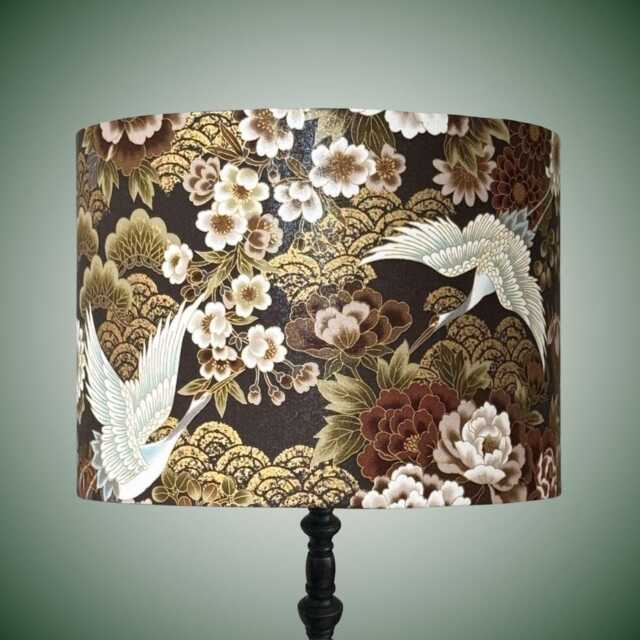 Luxury Oriental Japanese Cranes & Florals Drum Lampshade With Gold Bronze Highlights - image 1