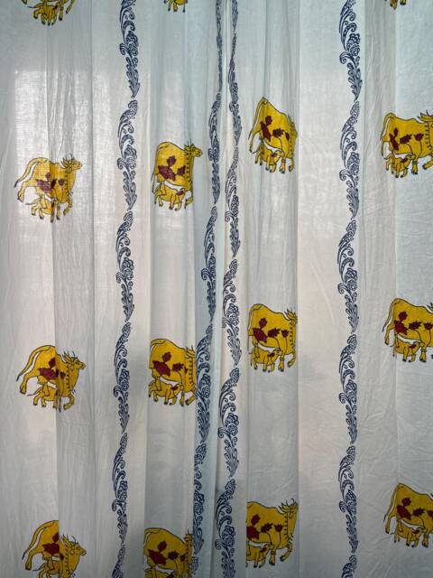 Hand Block Printed Cotton Curtain Indian Cow Design, Grommet Top - image 1
