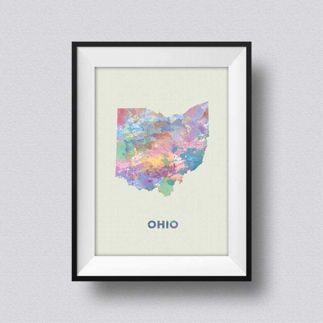 Ohio Map Watercolor Usa Art Print Ink Splash Poster Canvas