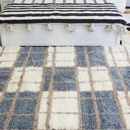 Authentic Moroccan Rug, Square Pattern, Cream, Taupe, Blue-Gray. Bohemian Bedside Carpet, Berber Floor Seating, Woven Wool. 67x102 Inch - thumbnail 2