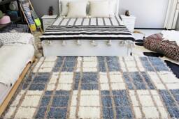Authentic Moroccan Rug, Square Pattern, Cream, Taupe, Blue-Gray. Bohemian Bedside Carpet, Berber Floor Seating, Woven Wool. 67x102 Inch - thumbnail 1