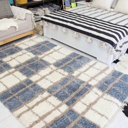 Authentic Moroccan Rug, Square Pattern, Cream, Taupe, Blue-Gray. Bohemian Bedside Carpet, Berber Floor Seating, Woven Wool. 67x102 Inch - thumbnail 4