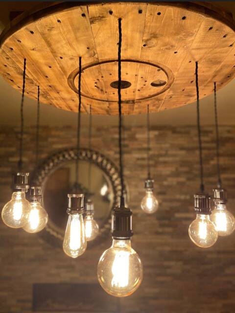 Rustic Wooden Cable Drum Chandelier Complete With 9 Edison Pendant Lights in Nickel Waxed Oak & Suspended From Metal Chain Hooks - image 1