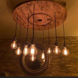 Rustic Wooden Cable Drum Chandelier Complete With 9 Edison Pendant Lights in Nickel Waxed Oak & Suspended From Metal Chain Hooks - thumbnail 3