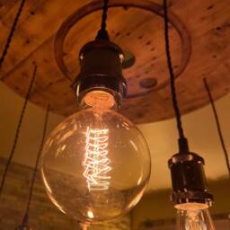 Rustic Wooden Cable Drum Chandelier Complete With 9 Edison Pendant Lights in Nickel Waxed Oak & Suspended From Metal Chain Hooks - thumbnail 2