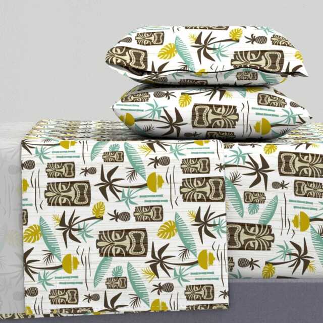 Tiki Tropical Sheets - Island White By Heatherdutton Midcentury Modern Retro Hawaiian Cotton Sateen Sheet Set Bedding Spoonflower - image 1