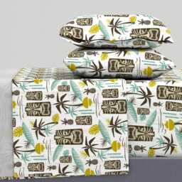 Tiki Tropical Sheets - Island White By Heatherdutton Midcentury Modern Retro Hawaiian Cotton Sateen Sheet Set Bedding Spoonflower