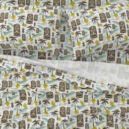 Tiki Tropical Sheets - Island White By Heatherdutton Midcentury Modern Retro Hawaiian Cotton Sateen Sheet Set Bedding Spoonflower - thumbnail 3