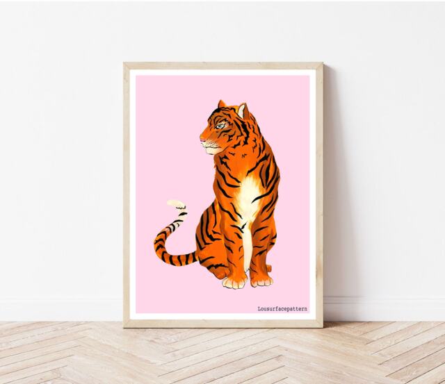 Pink Tiger Art Print, Sassy Tropical Wall Decor