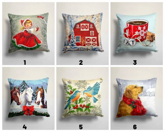 Christmas Girl Pillow Cover/Winter Landscape Red House Throw Pillow/Winter Horse, Bird, Dog Decor Cushion Cover/Christmas Gift - image 1