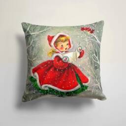 Christmas Girl Pillow Cover/Winter Landscape Red House Throw Pillow/Winter Horse, Bird, Dog Decor Cushion Cover/Christmas Gift - thumbnail 2