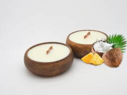 Coconut - Set Of 2 Candles in Reusable Acacia Bowl - Made in Usa - thumbnail 1