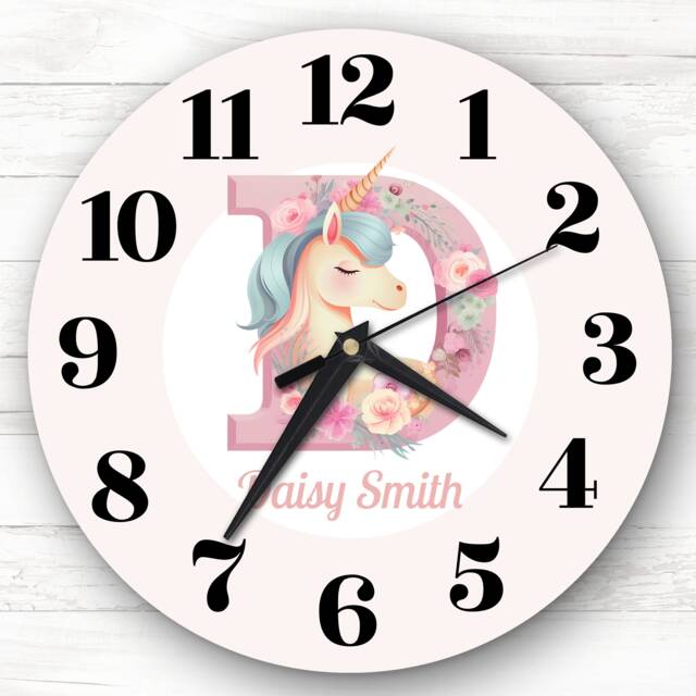 Pink Unicorn Alphabet Letter D Personalised Gift Clock - image 1