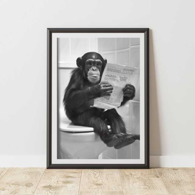 Funny Monkey On Toilet Print - Humorous Animal Art Poster Bathroom Wc Quirky Wall Decor For Laundry Room Or - image 1