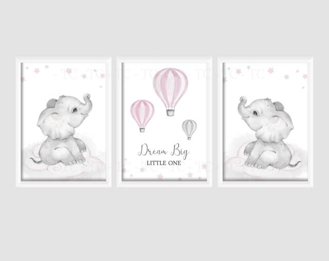 Baby Elephant Air Balloon Girls A4 Or A3 Nursery Set Of Unframed Prints Grey Pink Animal Cloud Stars Sleep Tight Hot