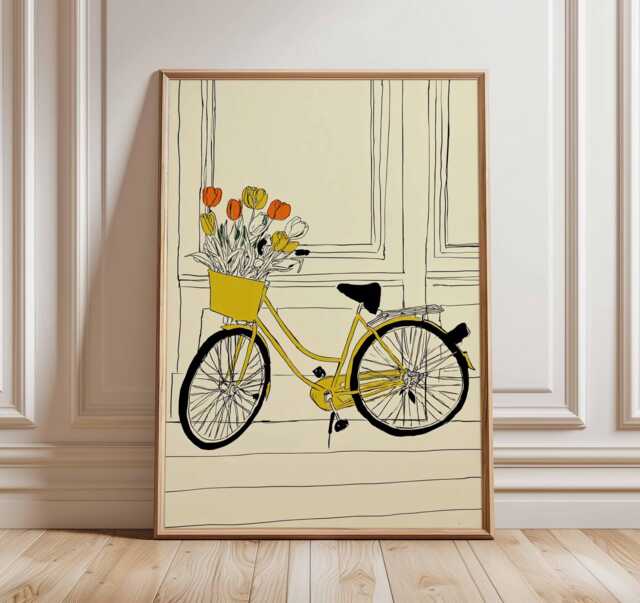 Yellow Bicycle Wall Art, Minimalist Line Drawing Print, Modern Floral Poster, Scandinavian Home Decor, Contemporary Art Print - image 1