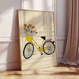 Yellow Bicycle Wall Art, Minimalist Line Drawing Print, Modern Floral Poster, Scandinavian Home Decor, Contemporary Art Print - thumbnail 2