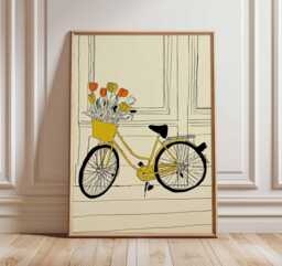 Yellow Bicycle Wall Art, Minimalist Line Drawing Print, Modern Floral Poster, Scandinavian Home Decor, Contemporary Art Print - thumbnail 1