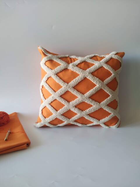 Hand Tufted Orange Geometric Punch Needle Pillow Cover, Tasseled Decorative Throw - image 1