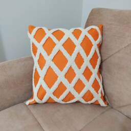 Hand Tufted Orange Geometric Punch Needle Pillow Cover, Tasseled Decorative Throw - thumbnail 2
