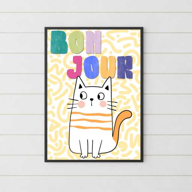 Funny Cat A4 Poster Print, High Quality Cartoon Art, French Wall Decor, Original Artist Vibrant Quirky Decor - image 1