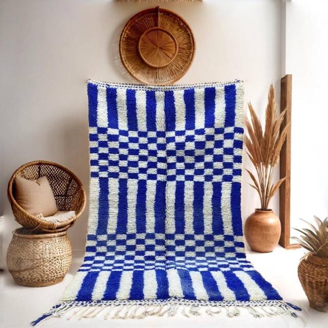 Handwoven Blue & White Checkered Wool Rug Moroccan Berber Design - image 1
