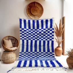 Handwoven Blue & White Checkered Wool Rug Moroccan Berber Design - thumbnail 1