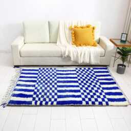 Handwoven Blue & White Checkered Wool Rug Moroccan Berber Design - thumbnail 2
