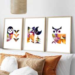 Geometric Animal Prints Scandi Owl Wall Art For Kids Room - thumbnail 1