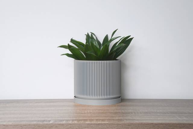 "Mid-Century Modern Planter With Drainage & Saucer in Gray, Unique 3D-Printed Plant Pot, Sizes 4"" 5"" 6"" 7"" 8" - image 1