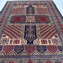 Handwoven Kazak Rug 6.7x10 Ft, Soft Wool, Geometric Tribal Cross Design - thumbnail 2
