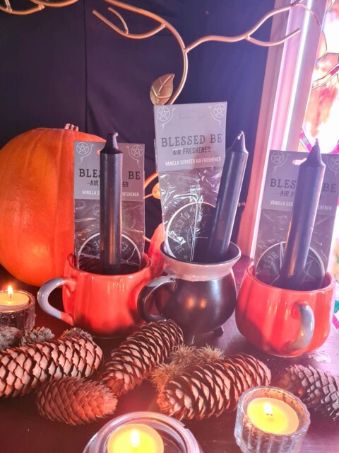 Halloween Set With Pumpkin Mug/Witch Cauldron Mug, Bleeding Tapered Candle, Blessed Be Air Freshener Vanilla Scent, Gift - image 1