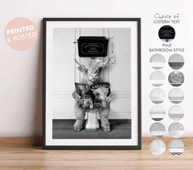 Black & White Female Highland Cow On Toilet With Magazine, Victorian Toilet, Funny Bathroom Print, Animal Art - image 1