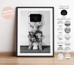 Black & White Female Highland Cow On Toilet With Magazine, Victorian Toilet, Funny Bathroom Print, Animal Art - thumbnail 1