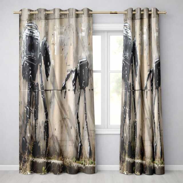 Futuristic Black Robots On Concrete Wall Graffiti Distinctive Artistic Home Decor Readymade Eyelet Ring Top Thermal 100% Blackout Curtains - image 1