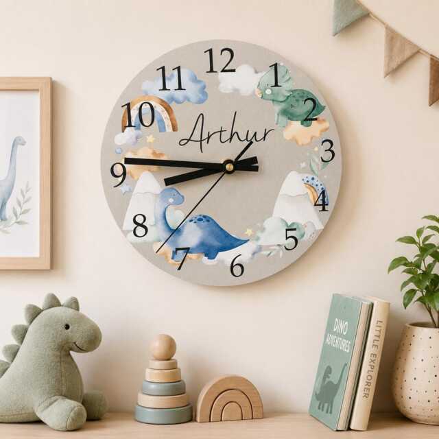 Dinosaur Personalised Wooden Clock, Kids Baby Nursery Bedroom, Gift, Unicorn Gift - image 1