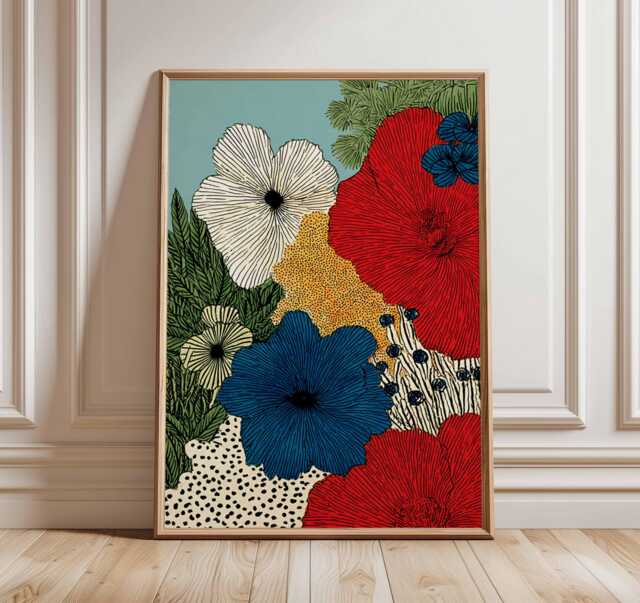 Bold Floral Wall Art Print, Modern Botanical Poster With Red Blue Flowers, Contemporary Nature Artwork For Home Decor - image 1