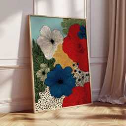 Bold Floral Wall Art Print, Modern Botanical Poster With Red Blue Flowers, Contemporary Nature Artwork For Home Decor - thumbnail 2