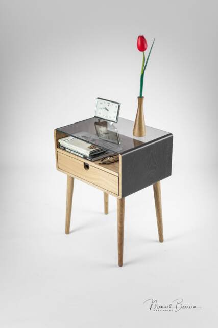 Mid Century Nightstand With Drawer in Oak Or Walnut Stained Black Glass Top - image 1
