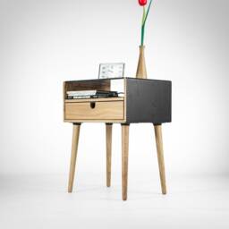 Mid Century Nightstand With Drawer in Oak Or Walnut Stained Black Glass Top - thumbnail 3