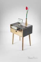 Mid Century Nightstand With Drawer in Oak Or Walnut Stained Black Glass Top