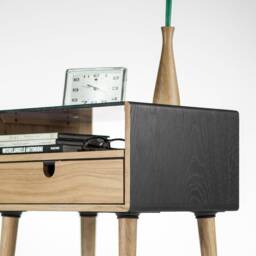 Mid Century Nightstand With Drawer in Oak Or Walnut Stained Black Glass Top - thumbnail 2
